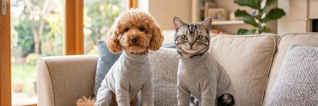 抜け毛対策ウエアを着た犬と猫