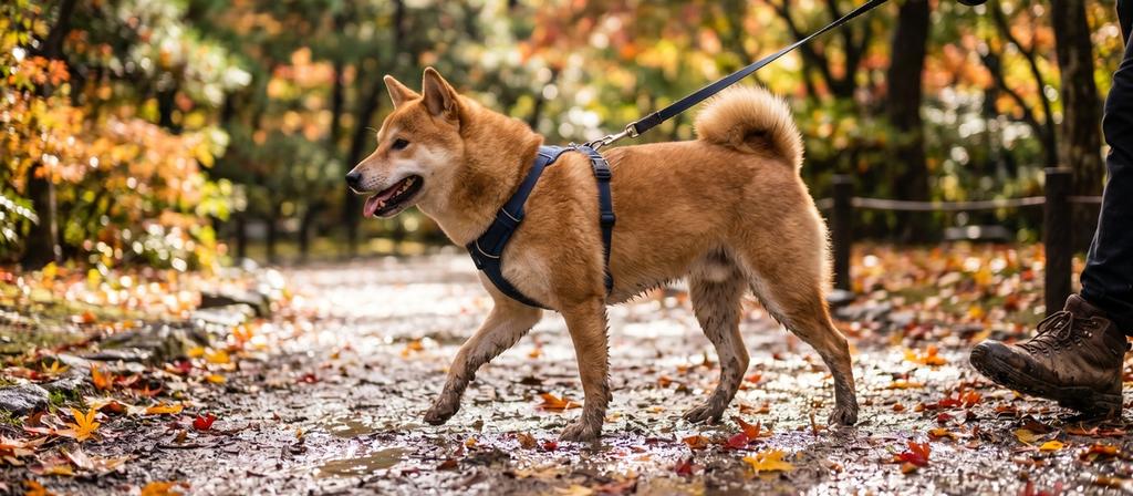 雨上がりの泥道を歩く犬