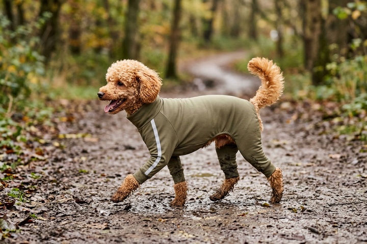 ウエアを着用して散歩する犬