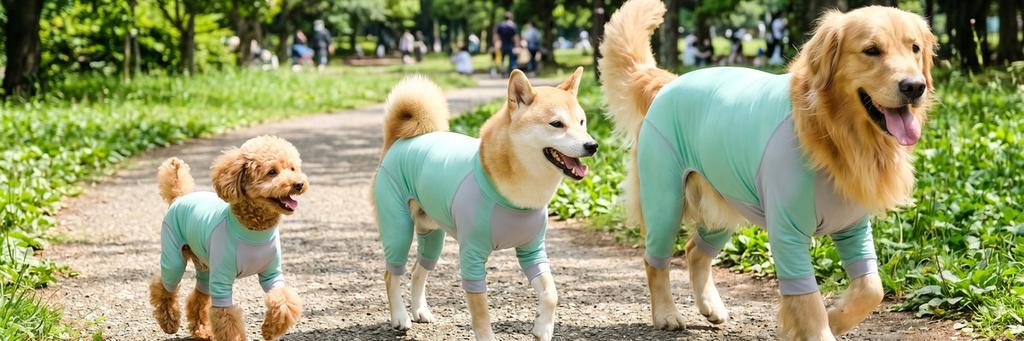 ウエアを着てお散歩する3犬種