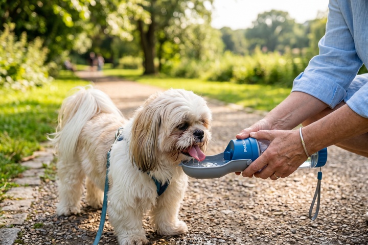 犬に水分補給をさせて休憩するシーン