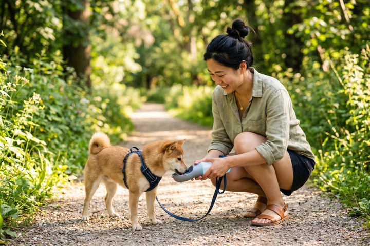 犬に水分補給をさせて夏の熱中症対策をする様子