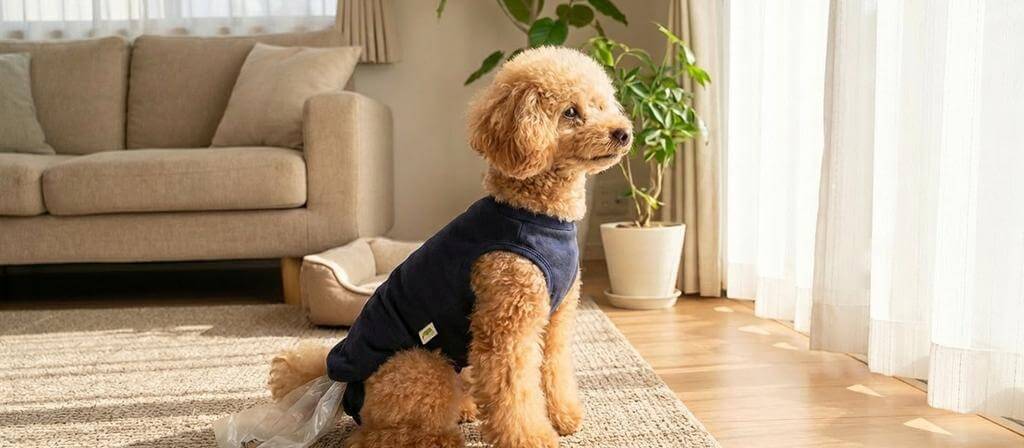 プーぱんつを着けた老犬がオーナーに寄り添って穏やかに休む介護の温かいシーン
