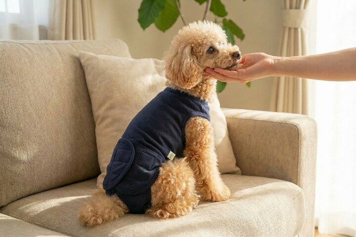 プーぱんつを着けた老犬・ダックスがベッドや室内で快適にくつろぐシーン